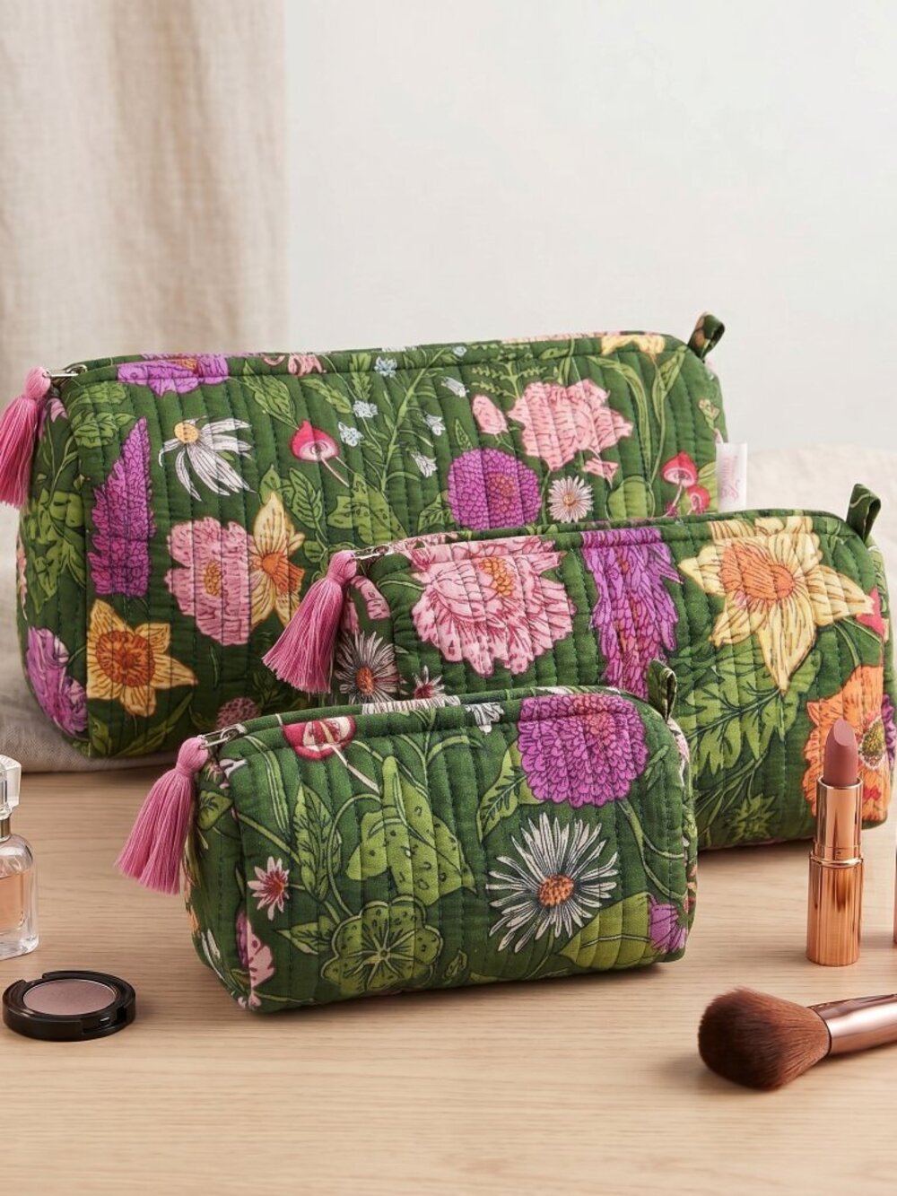 Set Of 3 Block Print Toiletry Bags, Cotton Makeup Bag, Cosmetic Bag Set Gift